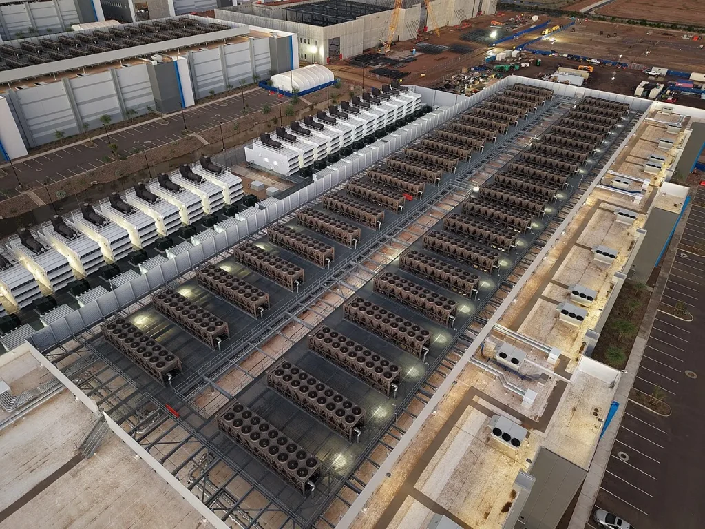 Aerial view of a large data centre and its cooling systems