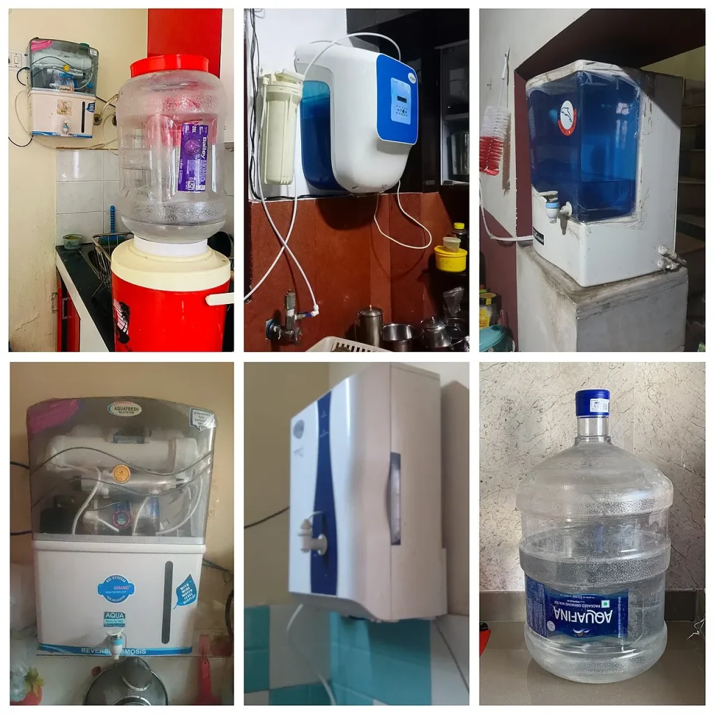 Home water filters, purifiers and bottled water on display in India
