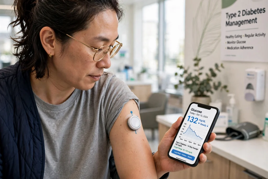 Person wearing a continuous glucose monitor checking blood sugar on a smartphone