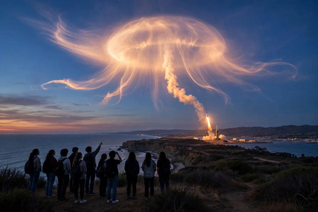SpaceX rocket launch creating a glowing jellyfish cloud at twilight
